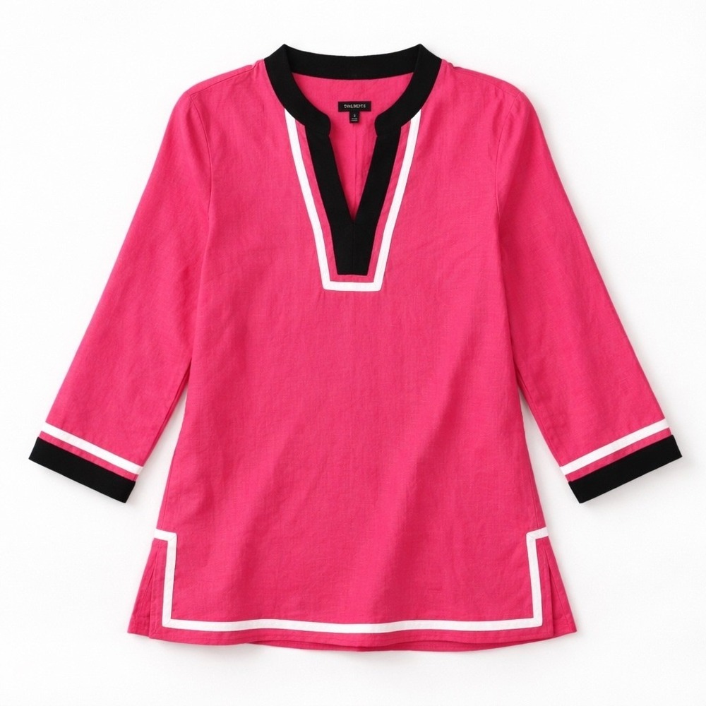 Talbots Linen Split Neck Tunic Womens Size S Pink Navy Preppy Classic Resortwear